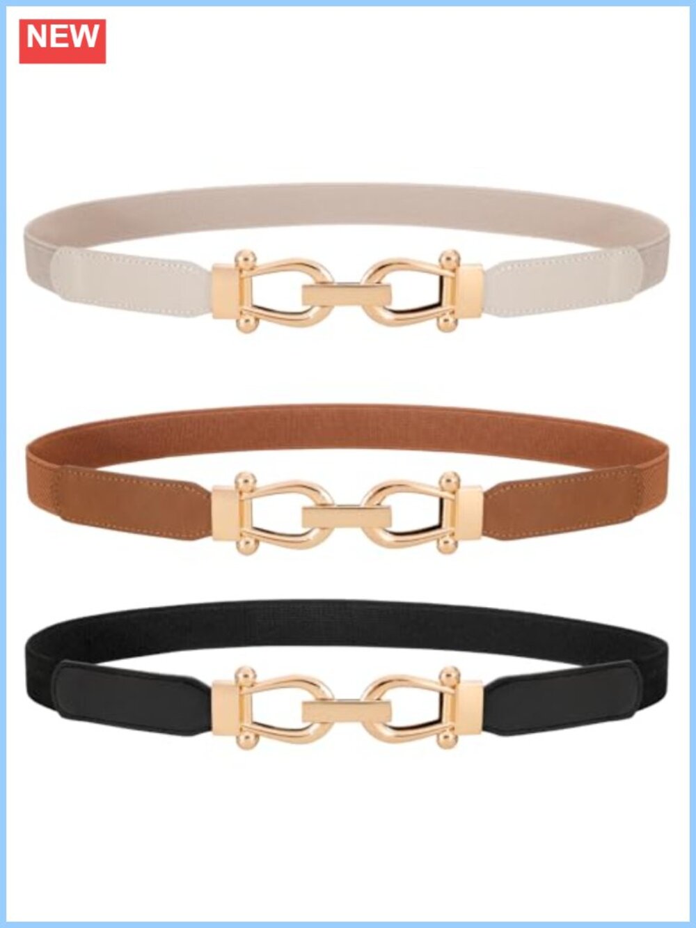 3 Pack Women Skinny Elastic Waist Belts with Gold Buckle Stretchy Thin Belt for